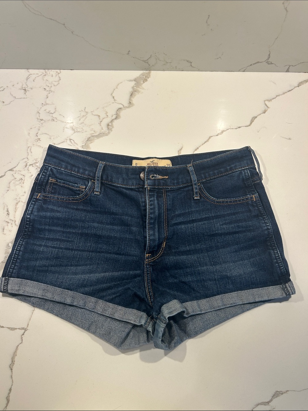 Hollister Dark Blue Rolled-Hem Denim Short-Shorts
